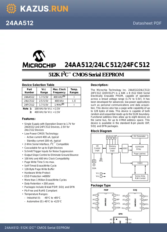 24LC512T-E/P datasheet - 512K I2C CMOS Serial EEPROM