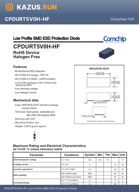 CPDURT5V0H-HF datasheet - Low Profile SMD ESD Protection Diode