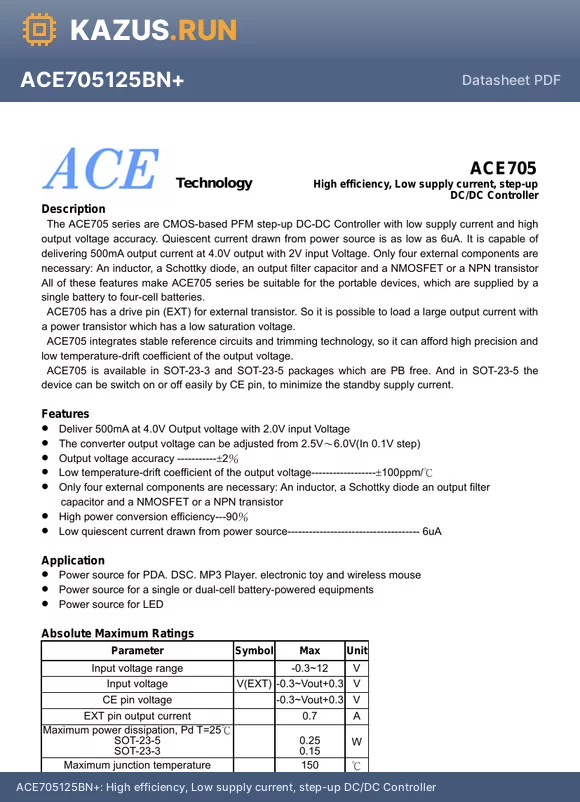 ACE705155BM+ datasheet - High efficiency, Low supply current, step-up DC/DC Controller