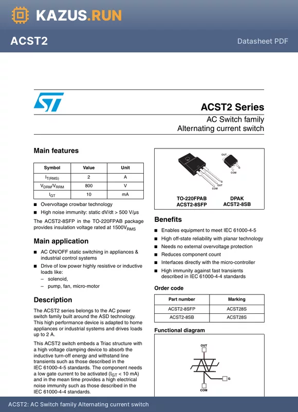 ACST2 datasheet - AC Switch family Alternating current switch