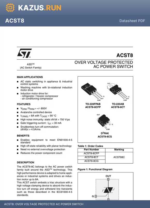 ACST8 datasheet - OVER VOLTAGE PROTECTED AC POWER SWITCH