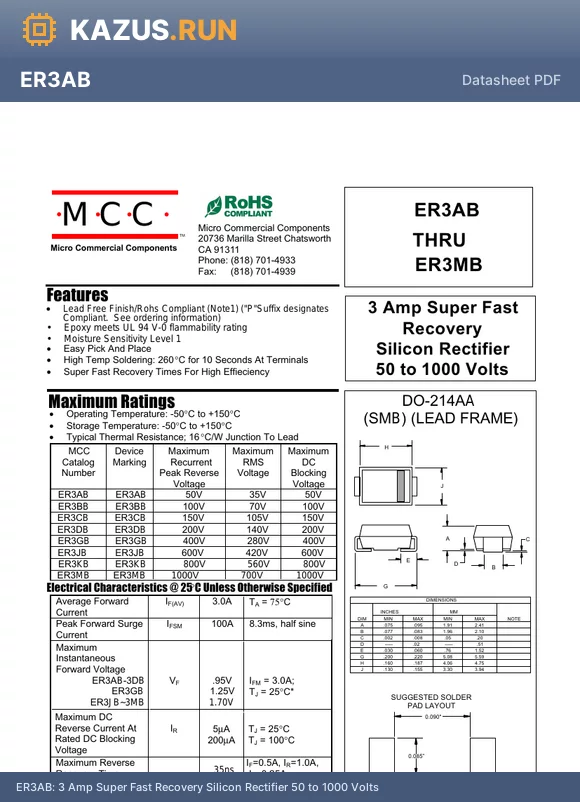 ER3JB datasheet - 3 Amp Super Fast Recovery Silicon Rectifier 50 to 1000 Volts