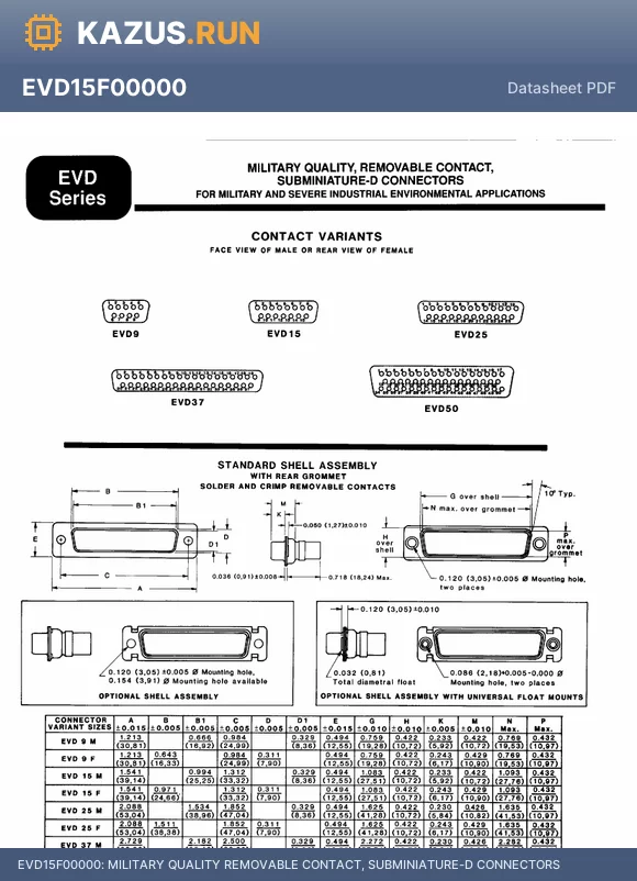 EVD50F0S5Z0S datasheet - MILITARY QUALITY REMOVABLE CONTACT, SUBMINIATURE-D CONNECTORS