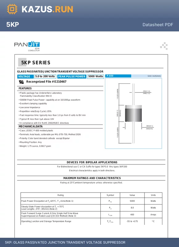 5KP36 datasheet - GLASS PASSIVATED JUNCTION TRANSIENT VOLTAGE SUPPRESSOR