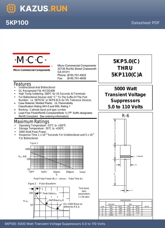 5KP45CA-TP datasheet - 5000 Watt Transient Voltage Suppressors 5.0 to 110 Volts