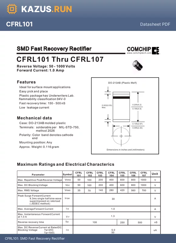 CFRL101 datasheet - SMD Fast Recovery Rectifier