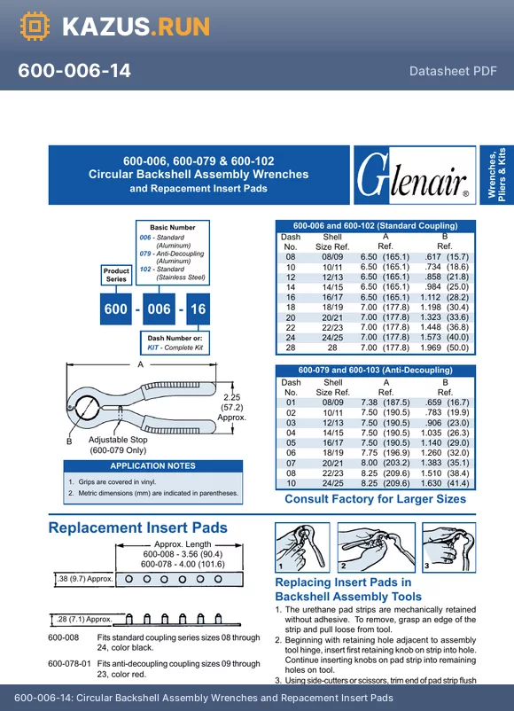 600-102-08 datasheet - Circular Backshell Assembly Wrenches and Repacement Insert Pads