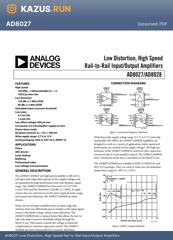 AD8027ART-R2 datasheet - Low Distortion, High Speed Rail-to-Rail Input/Output Amplifiers