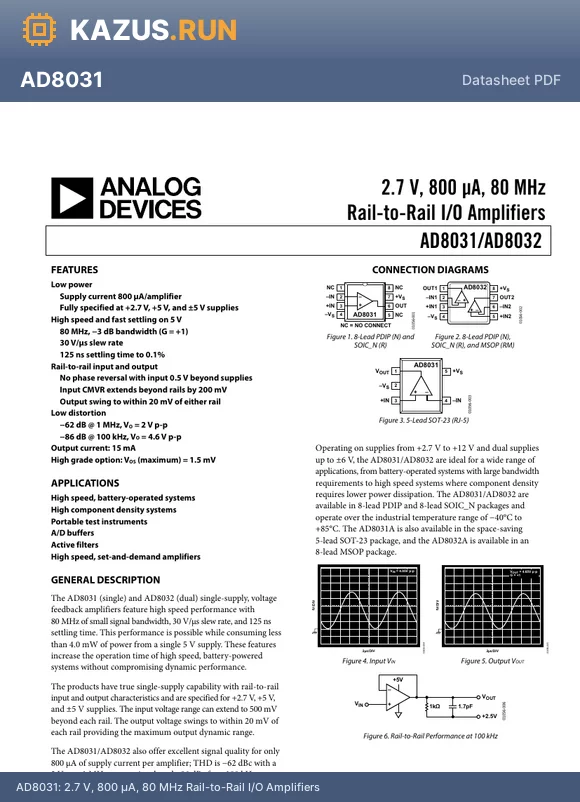 AD8031ART-R2 datasheet - 2.7 V, 800 lA, 80 MHz Rail-to-Rail I/O Amplifiers