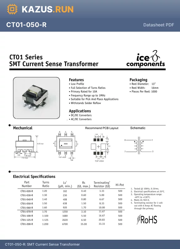CT01-040-R datasheet - SMT Current Sense Transformer