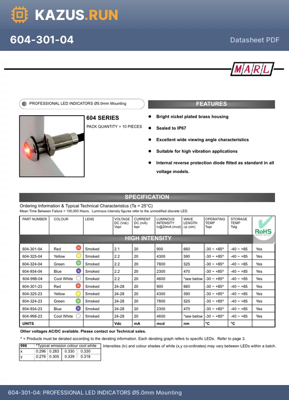 604-324-20-19 datasheet - PROFESSIONAL LED INDICATORS �5.0mm Mounting