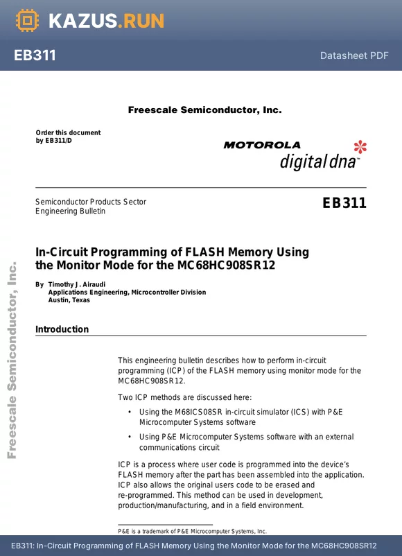 EB311 datasheet - In-Circuit Programming of FLASH Memory Using the Monitor Mode for the MC68HC908SR12