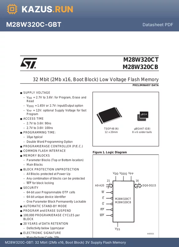 M28W320CT datasheet - 32 Mbit (2Mb x16, Boot Block) 3V Supply Flash Memory