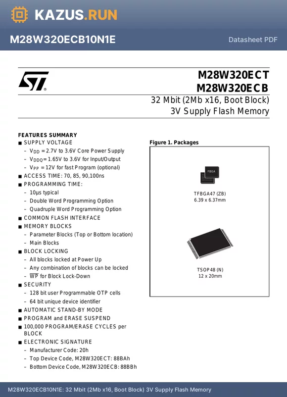 M28W320ECT datasheet - 32 Mbit (2Mb x16, Boot Block) 3V Supply Flash Memory