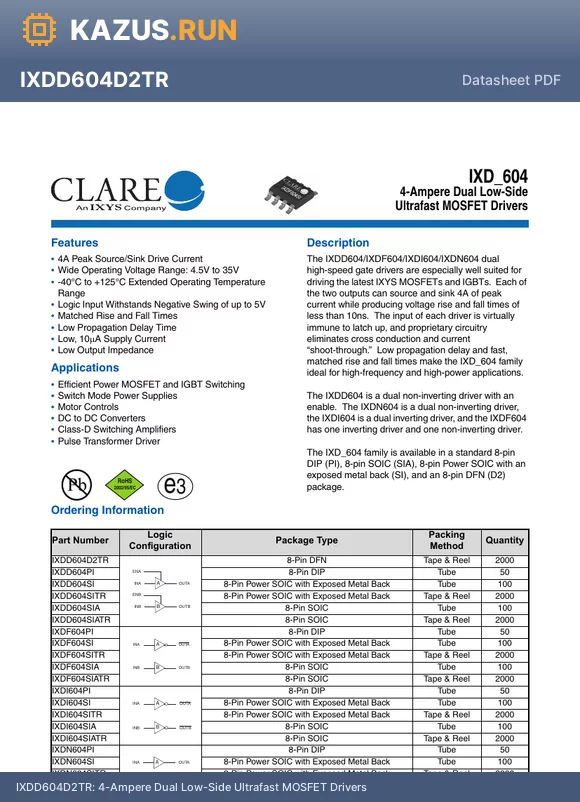 IXDF604PI datasheet - 4-Ampere Dual Low-Side Ultrafast MOSFET Drivers