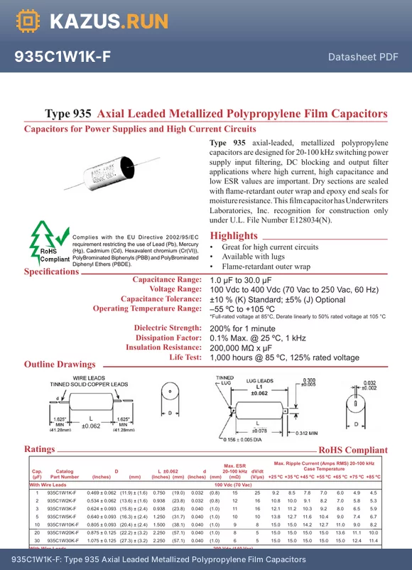 935H1W3K-F datasheet - Type 935 Axial Leaded Metallized Polypropylene Film Capacitors