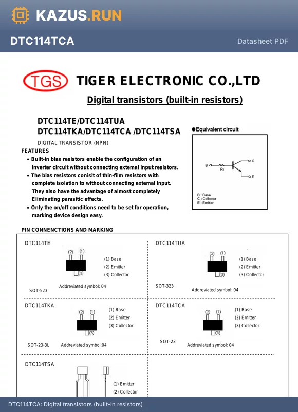 DTC114TSA datasheet - Digital transistors (built-in resistors)