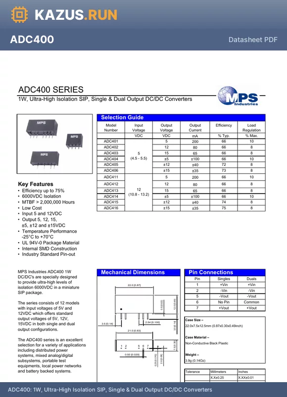 ADC411 datasheet - 1W, Ultra-High Isolation SIP, Single & Dual Output DC/DC Converters