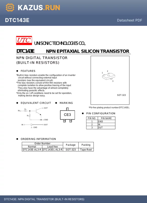 DTC143EL-AL3-R datasheet - NPN DIGITAL TRANSISTOR (BUILT-IN RESISTORS)
