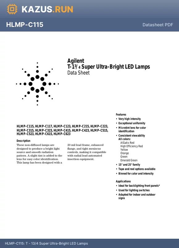HLMP-C217-O0001 datasheet - T - 13/4 Super Ultra-Bright LED Lamps