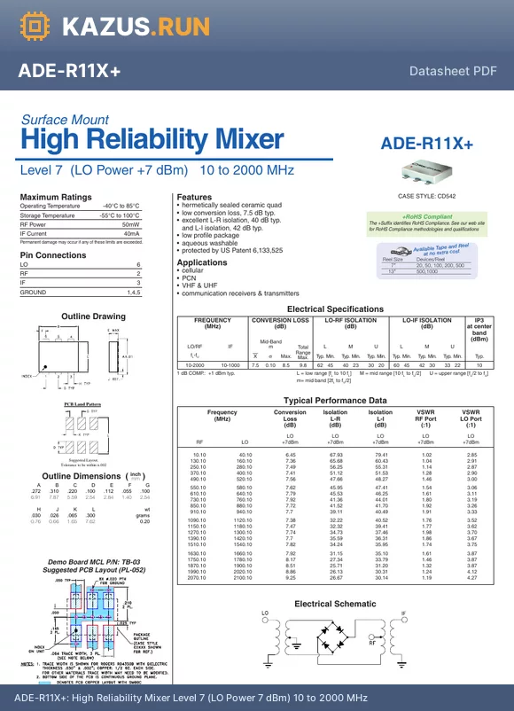 ADE-R11X+ datasheet - High Reliability Mixer Level 7 (LO Power 7 dBm) 10 to 2000 MHz