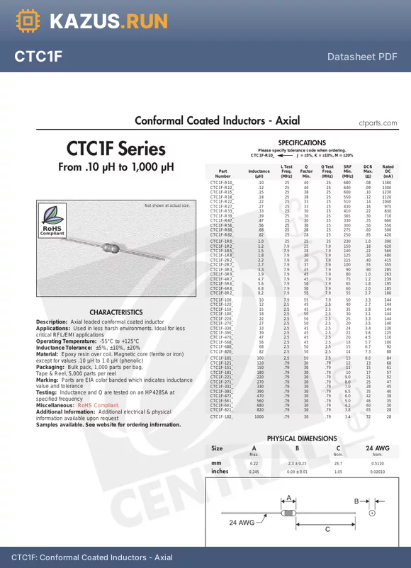 CTC1F-R27K datasheet - Conformal Coated Inductors - Axial