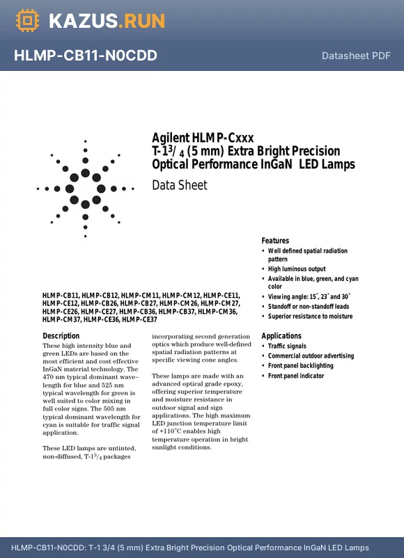 HLMP-CM27-R0CDD datasheet - T-1 3/4 (5 mm) Extra Bright Precision Optical Performance InGaN LED Lamps