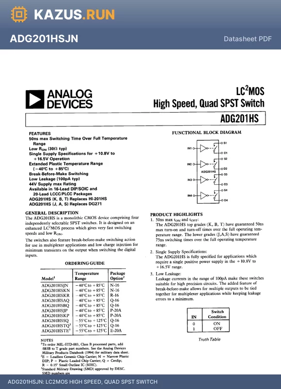 ADG201HSSQ datasheet - LC2MOS HIGH SPEED, QUAD SPST SWITCH