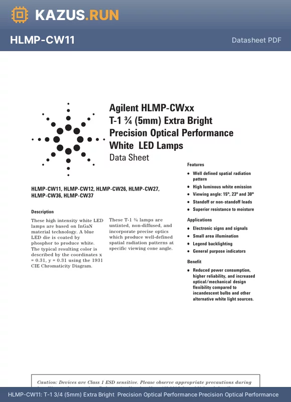 HLMP-CW11-R1BDD datasheet - T-1 3/4 (5mm) Extra Bright  Precision Optical Performance Precision Optical Performance