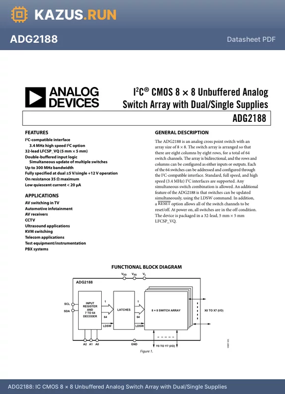 ADG2188BCPZ-R2 datasheet - IC CMOS 8 � 8 Unbuffered Analog Switch Array with Dual/Single Supplies