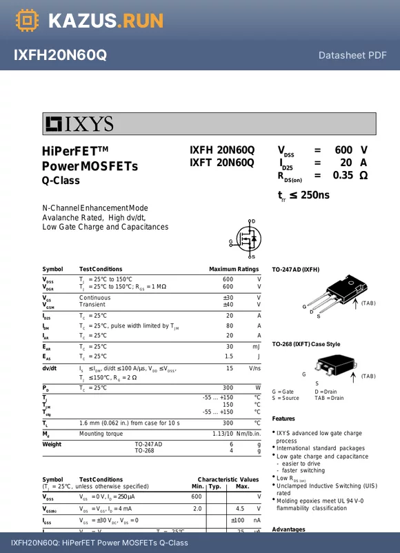 IXFT20N60Q datasheet - HiPerFET Power MOSFETs Q-Class