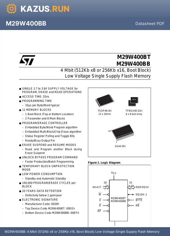 M29W400BT120M1 datasheet - 4 Mbit (512Kb x8 or 256Kb x16, Boot Block) Low Voltage Single Supply Flash Memory