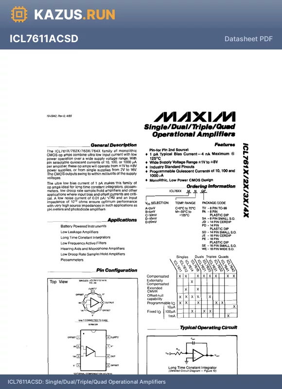 ICL7641ACSE datasheet - Single/Dual/Triple/Quad Operational Amplifiers