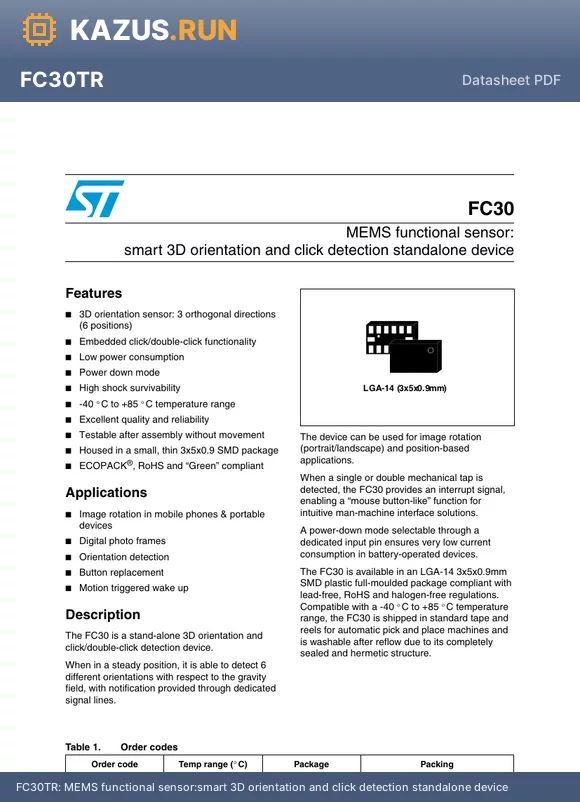 FC30 datasheet - MEMS functional sensor:smart 3D orientation and click detection standalone device