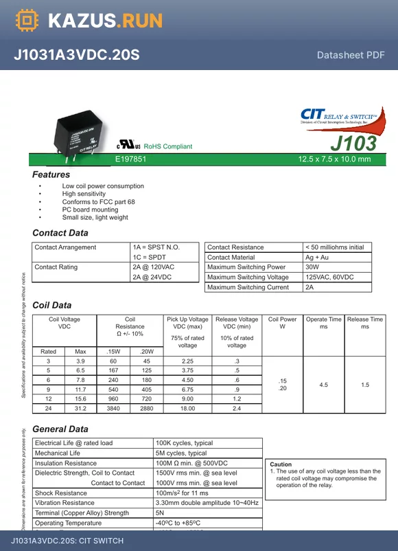 J1031C6VDC.15S datasheet - CIT SWITCH