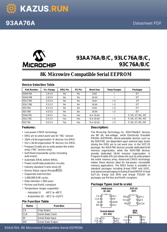 93C76BT-E/ST datasheet - 8K Microwire Compatible Serial EEPROM