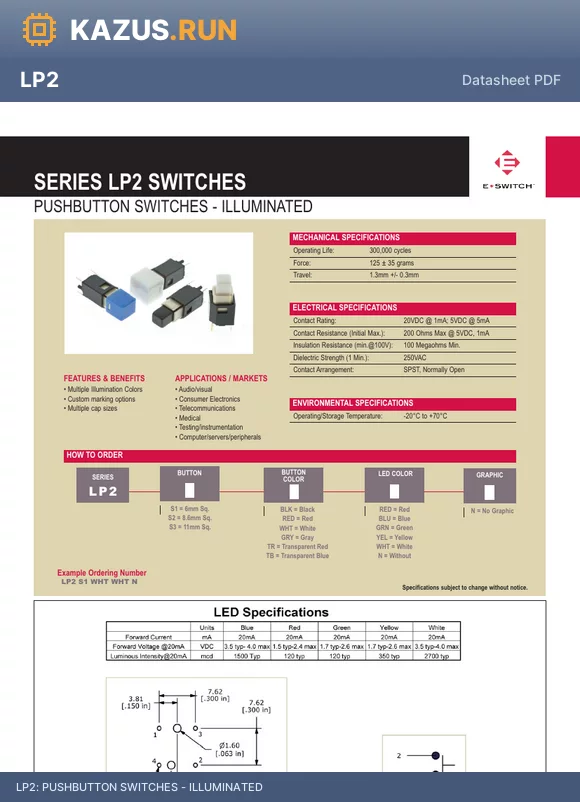 LP2S1TRWHTN datasheet - PUSHBUTTON SWITCHES - ILLUMINATED