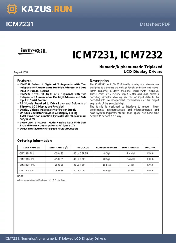 ICM7231 datasheet - Numeric/Alphanumeric Triplexed LCD Display Drivers