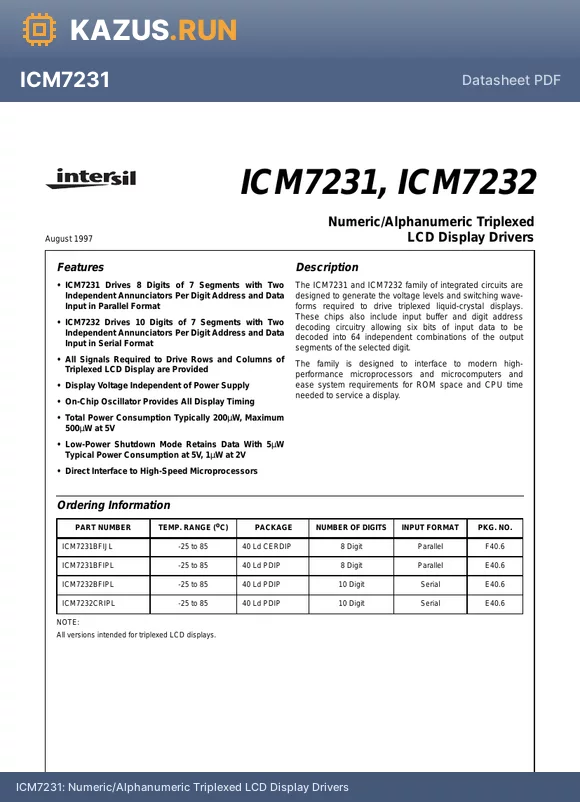 ICM7231BFIJL datasheet - Numeric/Alphanumeric Triplexed LCD Display Drivers