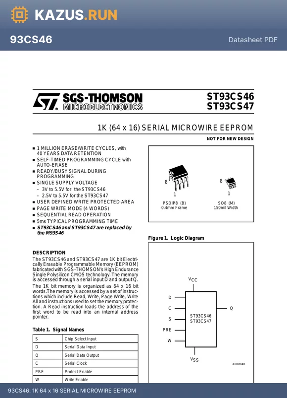 93CS46 datasheet - 1K 64 x 16 SERIAL MICROWIRE EEPROM