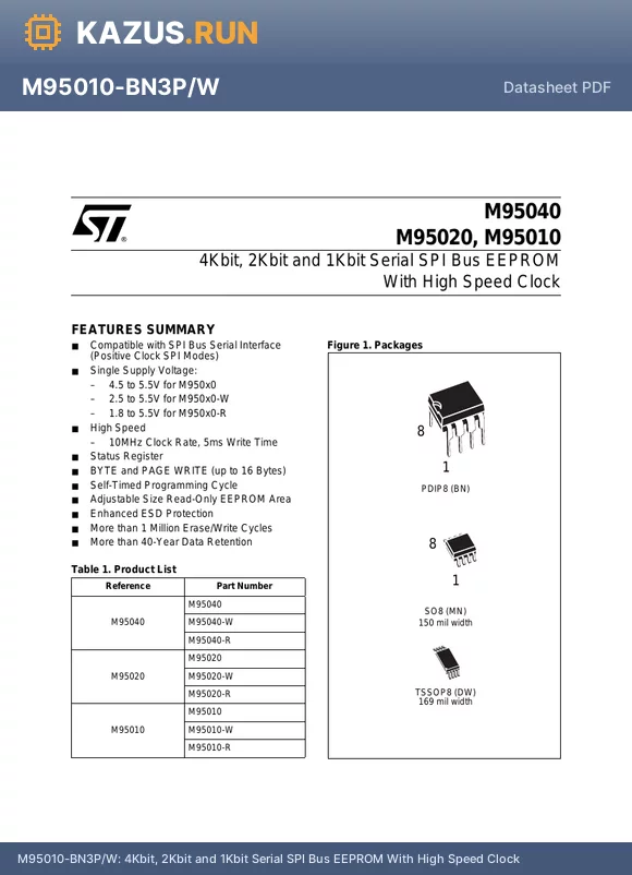 M95020-RBN6G datasheet - 4Kbit, 2Kbit and 1Kbit Serial SPI Bus EEPROM With High Speed Clock