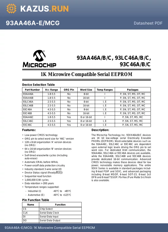 93LC46B-E/MCG datasheet - 1K Microwire Compatible Serial EEPROM