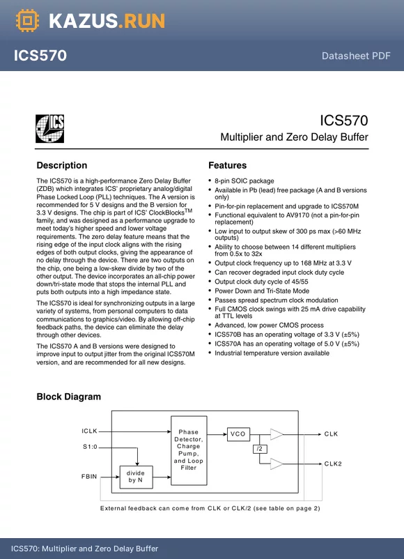 ICS570B datasheet - Multiplier and Zero Delay Buffer