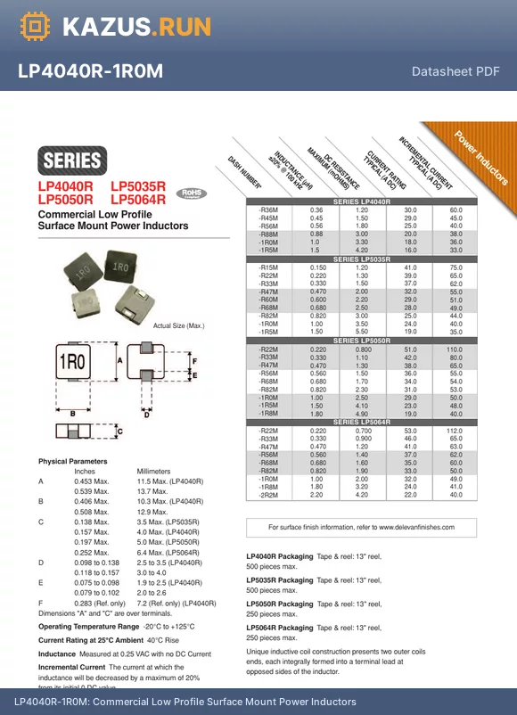 LP5035R-R15M datasheet - Commercial Low Profile Surface Mount Power Inductors