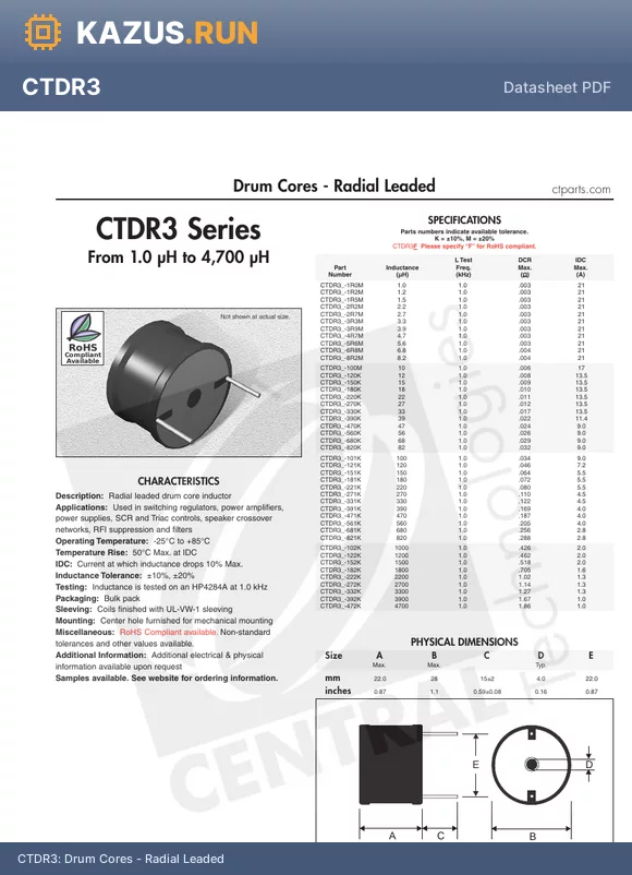 CTDR3F-180K datasheet - Drum Cores - Radial Leaded