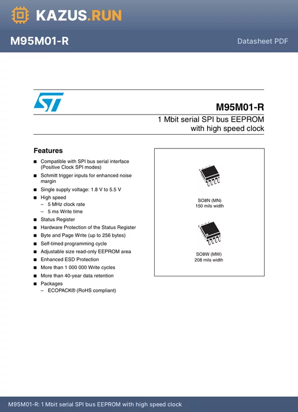 M95M01-R datasheet - 1 Mbit serial SPI bus EEPROM with high speed clock