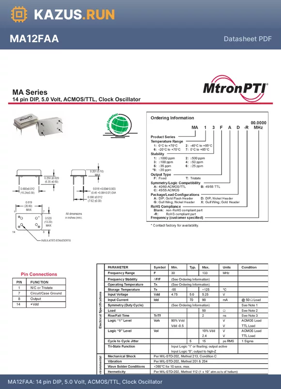 MA12TCD-R datasheet - 14 pin DIP, 5.0 Volt, ACMOS/TTL, Clock Oscillator