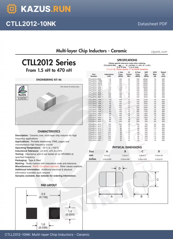 CTLL2012-R18K datasheet - Multi-layer Chip Inductors - Ceramic