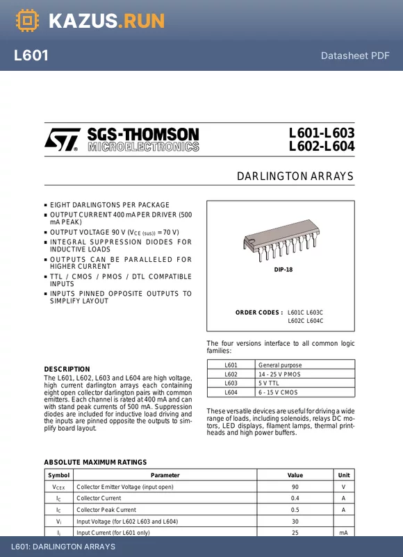 L602 datasheet - DARLINGTON ARRAYS