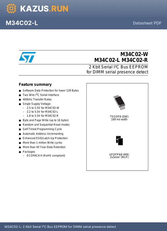 M34C02-W-RMB1G datasheet - 2 Kbit Serial IbC Bus EEPROM for DIMM serial presence detect